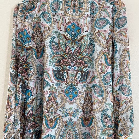 LOFT Paisley Tie Blouse Ruffle Trim Teal Aqua Small - Picture 8 of 11